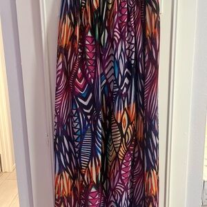 Colorful Feather Pattern Maxi High Slit Skirt Elastic Waist Boho Tribal Print